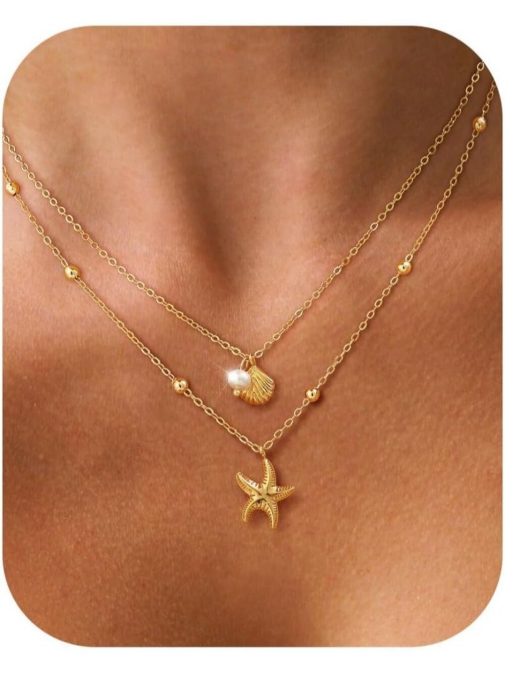 Women's 2pcs Starfish Shell Pearl 14k Gold Pendant Layered Cuban Link Necklace